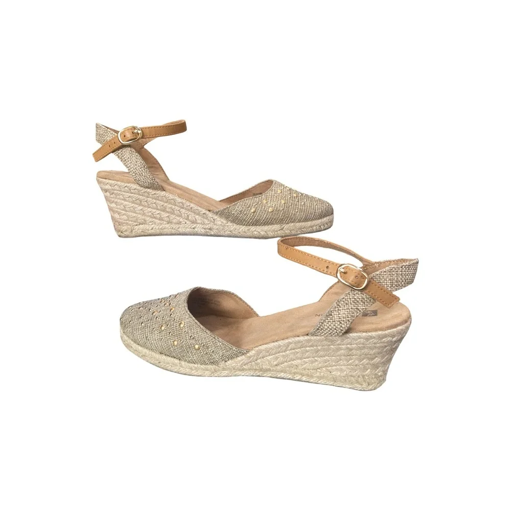 White Mountain Saltwater Gold Metallic Studded Espadrille Wedge Sandals Women 8M